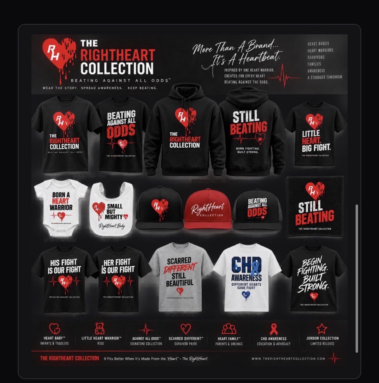 The RightHeart Collection™ apparel lineup with shirts, hoodies, baby apparel, hats and awareness pieces